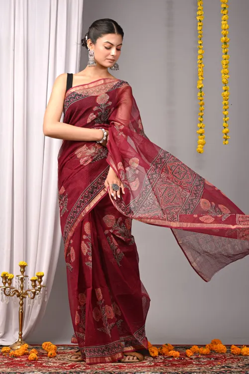 Handcrafted Bagru Print Kota Saree
